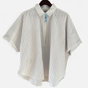 LOFT White & Blue Striped Button Up Short Sleeve Shirt 100% Cotton XL Petite